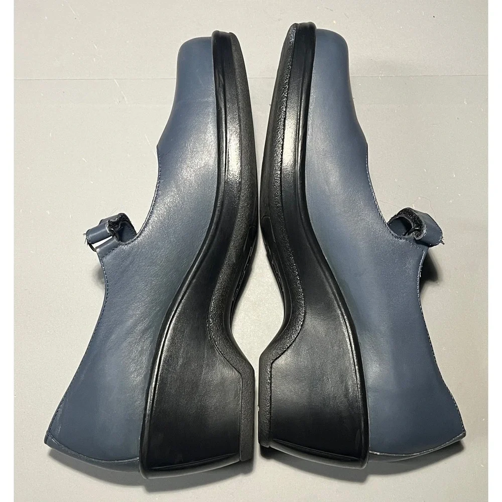 Dansko Blue Leather Mary Jane Wedge Shoes Size 40 Hook Loop Strap Portugal